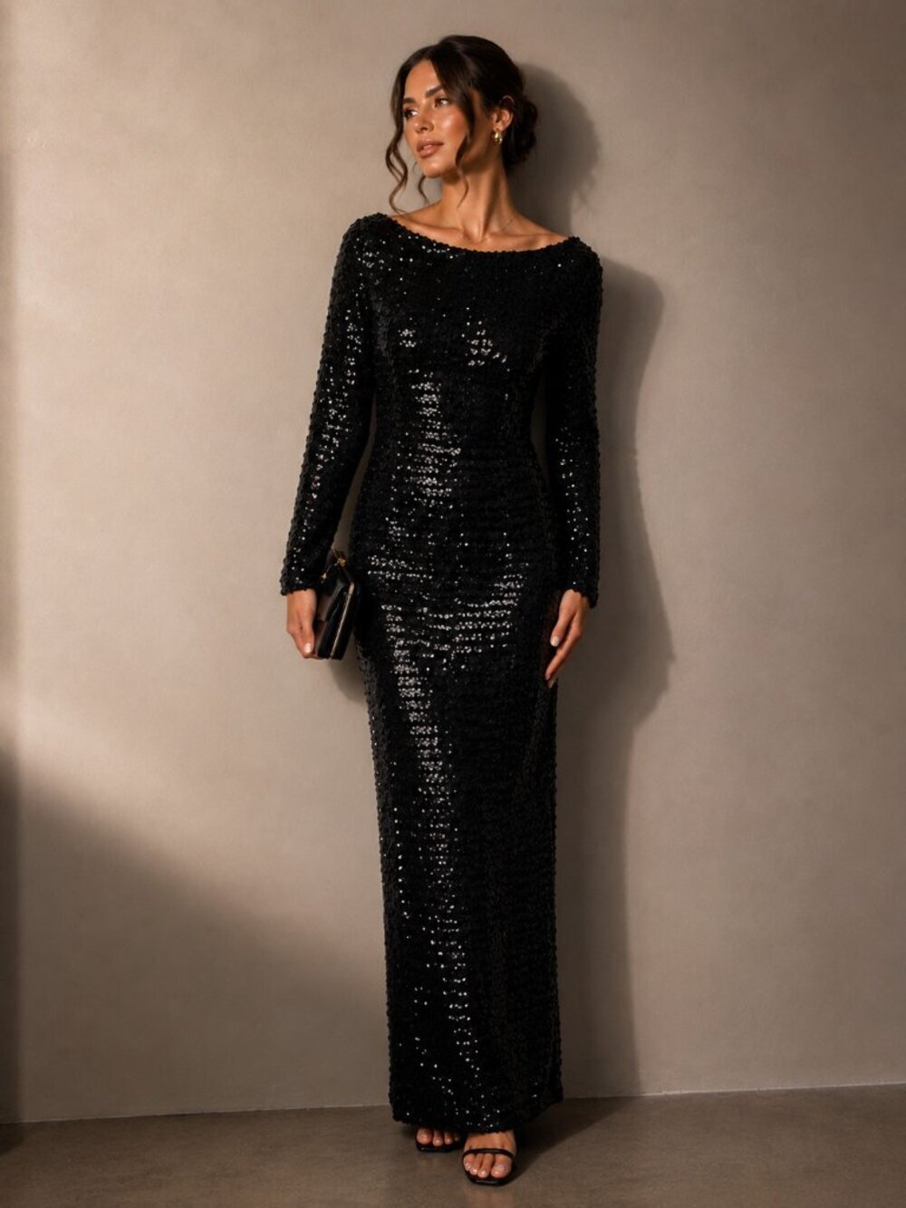 Vintage Black Sequin FullLenght Bodycon Gown Long Sleeve S